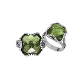 Sterling silver Green Amethyst Quartz cushion shape women’s ring with bead and floral accents
